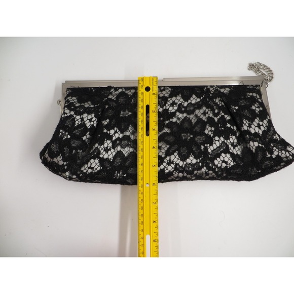 White House Black Market Clutch Womens Black Lace Evening Bag Silver Chain Purse - Picture 4 of 6